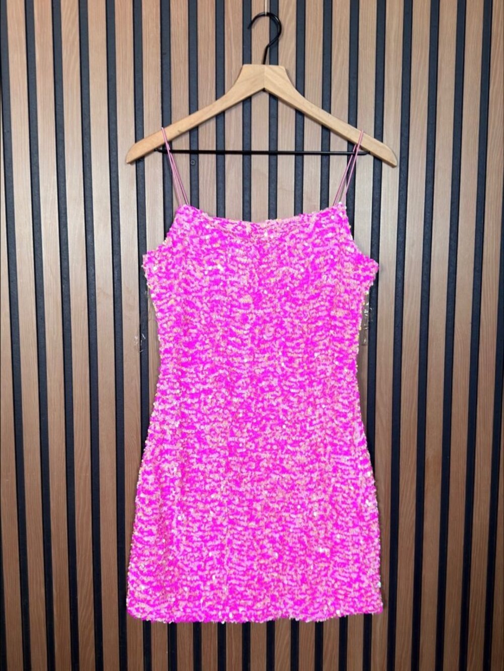 Thirty Thirty LA Dress Large Womens Pink Sequin Mini Stretch Fabric Micro Strap